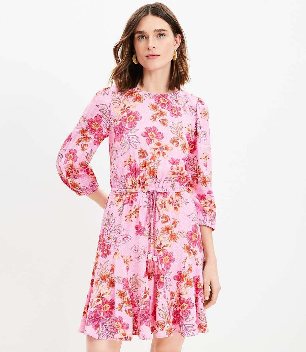 Ann Taylor LOFT Pink Floral Gadet Puff Sleeve Elastic Waist Mini Dress NWT